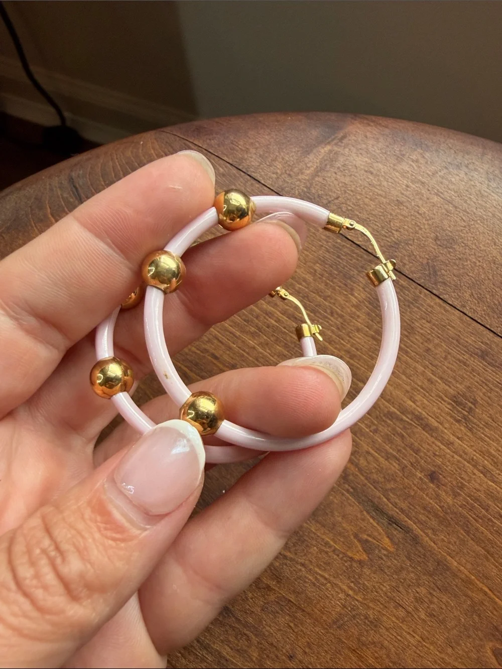 Vintage 750 Pink Hoop Earrings with Gold Bead Accents - Picture 7 of 7